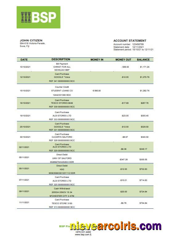 Fiji Bank of South Pacific bank statement, Word and PDF format